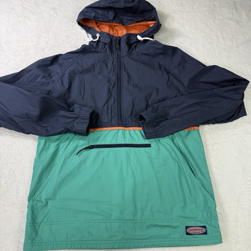 Vineyard Vines Jacket Men's Small Island Anorak 1/2 Zip Blue Hooded Colorblock